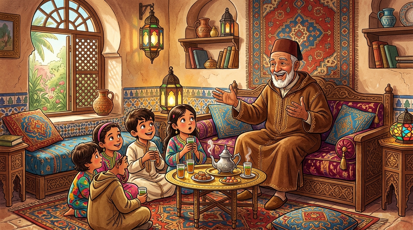 Grand-père marocain racontant des contes traditionnels à ses petits-enfants
